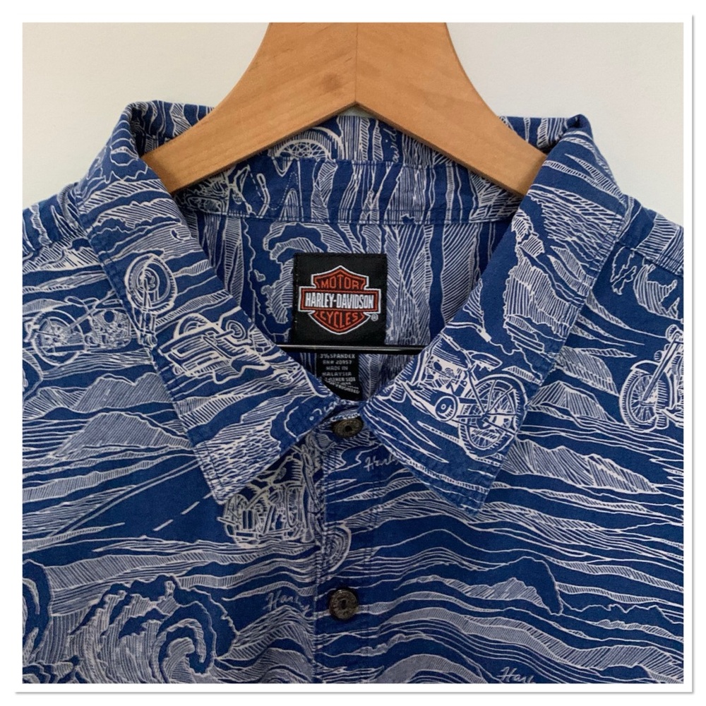 Harley-Davidson Wave Pattern Button Up Shirt Blue… - image 6